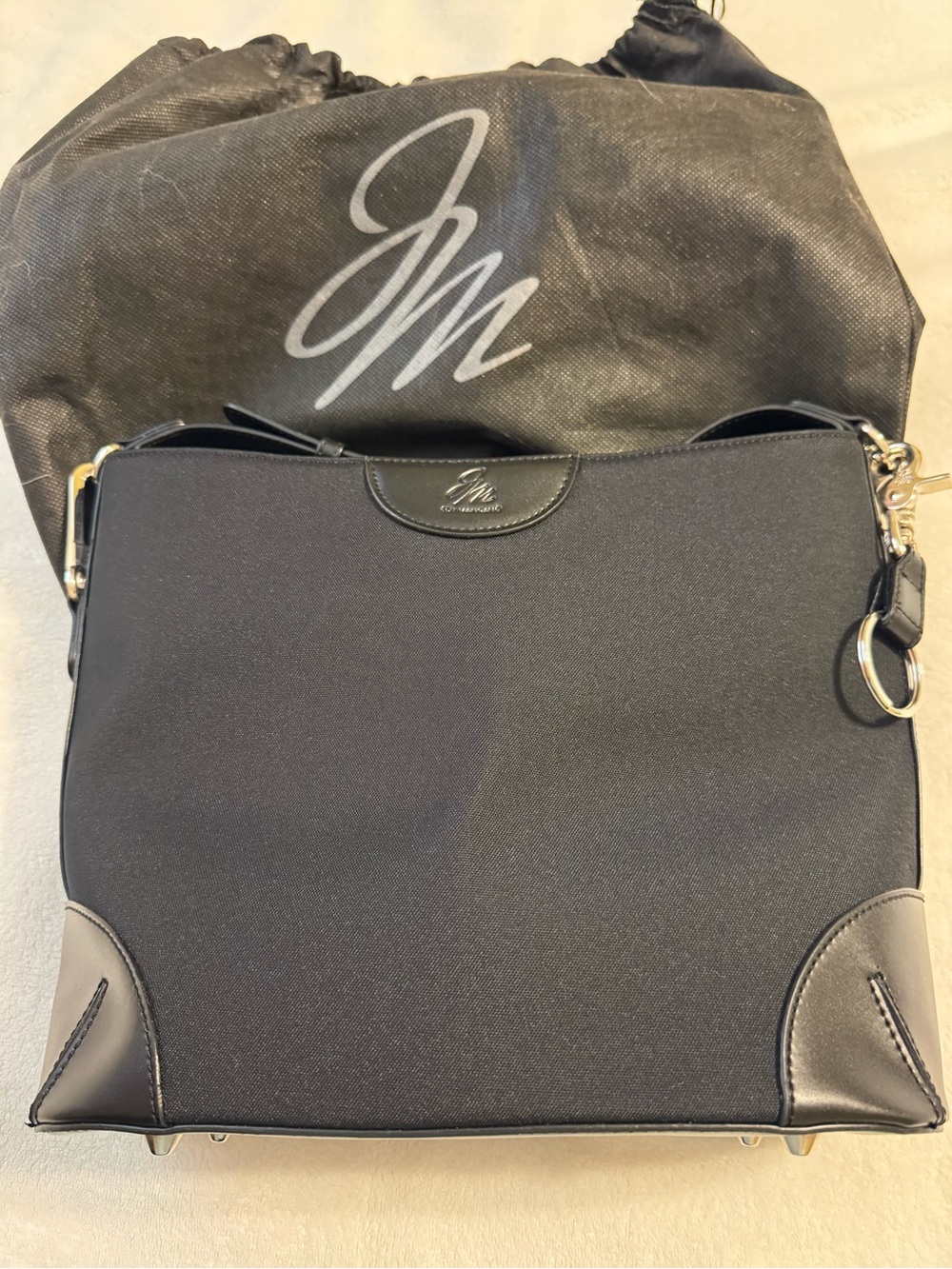 Joy Mangano Black Designer Drop Bag with Leather Trim